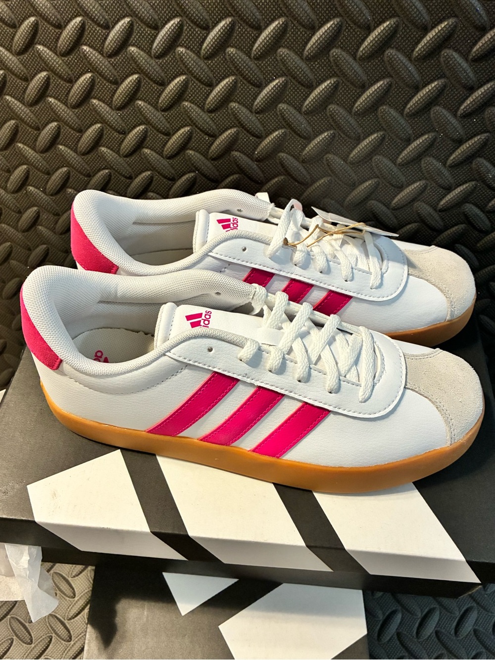 Girls Adidas VL Court 3.0K White Shock Pink Sneakers with Gum Sole